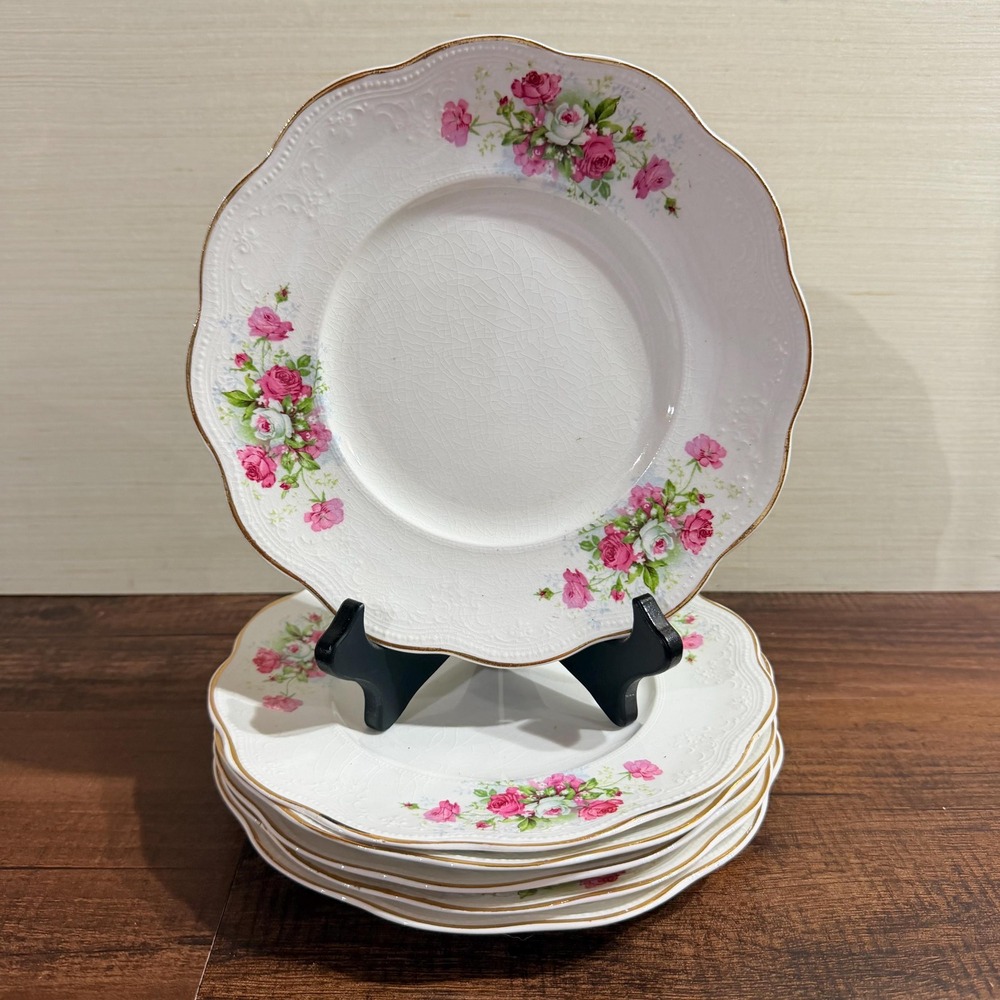 6 Antique Smith Phillips Salad Plate 8" Pink Rose Princess Porcelain Gold Trim